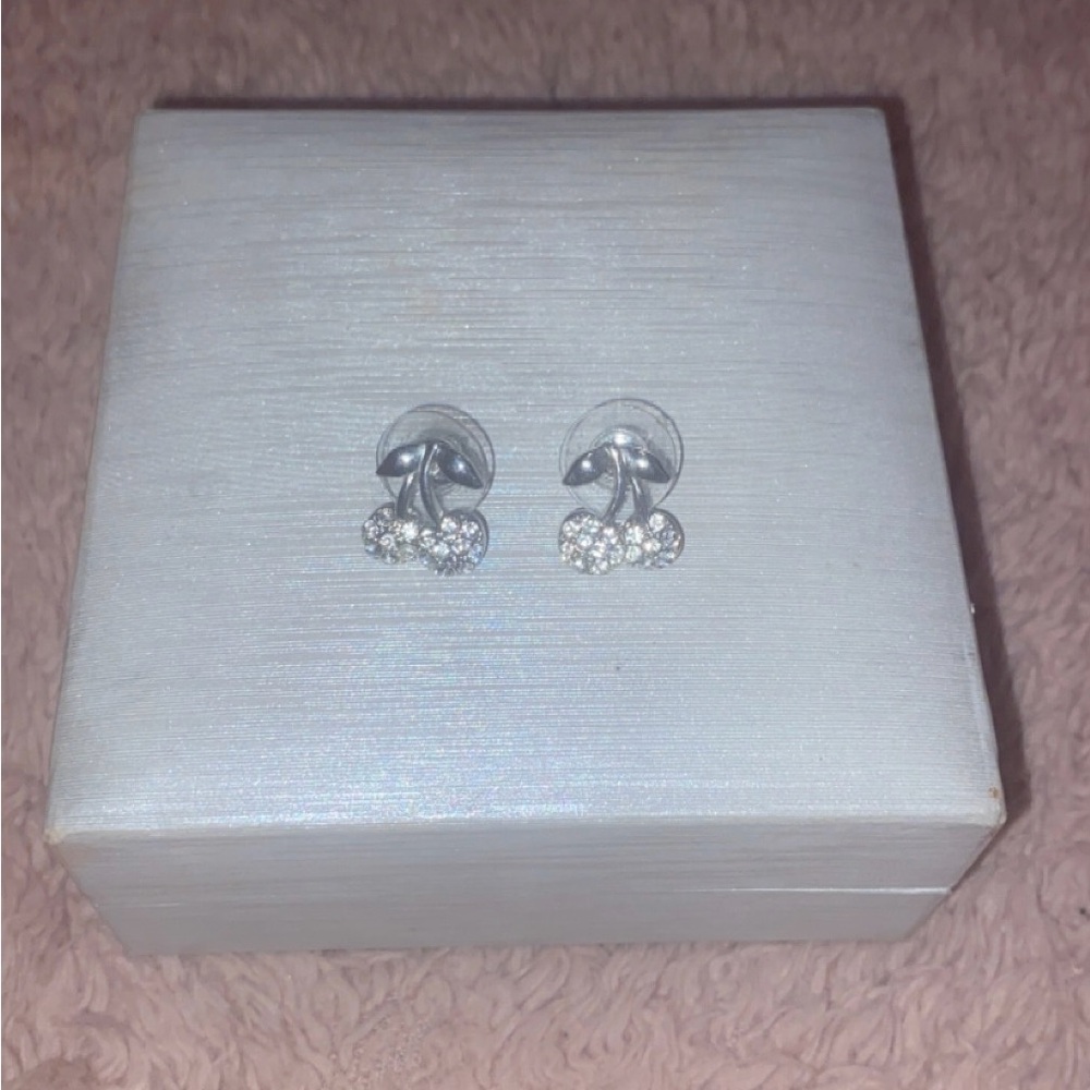Silver Tone Crystal Cherry Stud Earrings - Women Jewelry